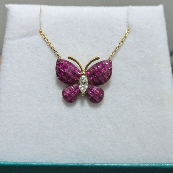 750/18K YG Invisible set Rubies and Diamond Butterfly Necklace - Picture 6 of 16